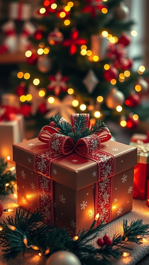 A wrapped Christmas gift box with a bow next to a decorated tree and holiday lights.
